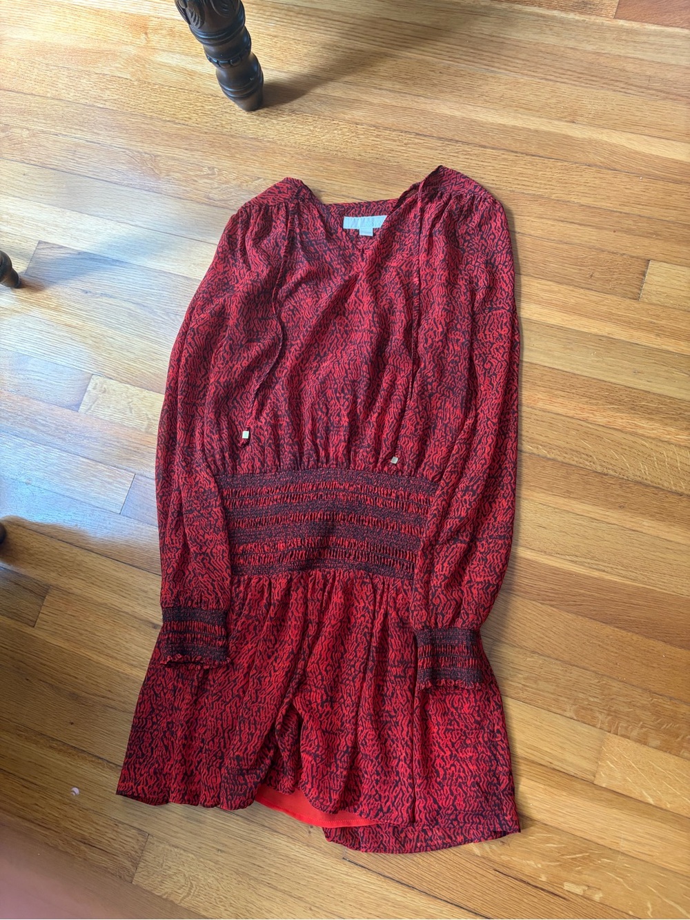 MICHAEL Michael Kors Red Long-Sleeve Smocked-Waist Dress